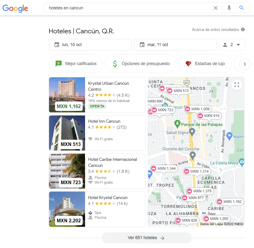Lista de resultados Google Hotel Ads