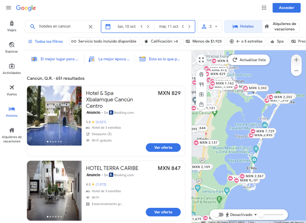 resultados internos Google Hotels